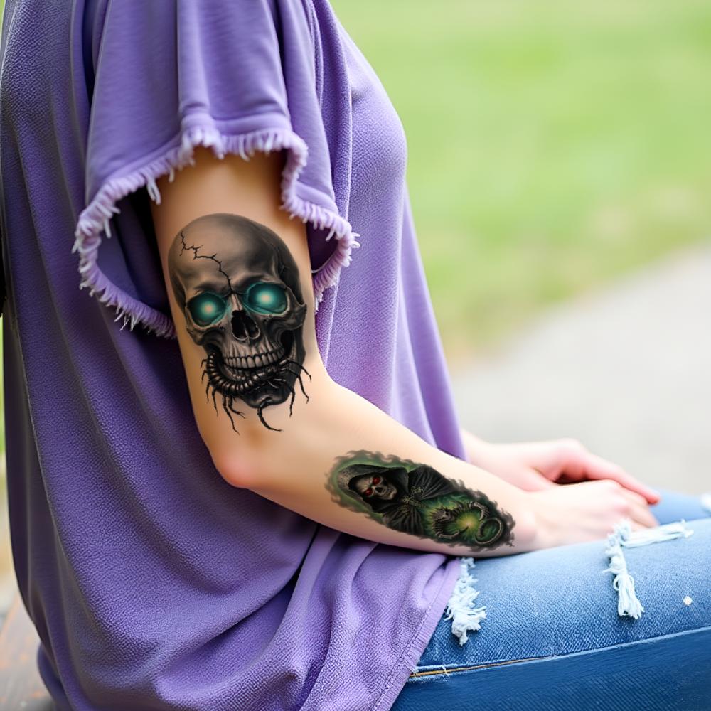 3pcs Temporary Tattoo Cracked Skull Pipe Butterfly Realistic Temporary Tattoos Snowflake For Arms Men Adults