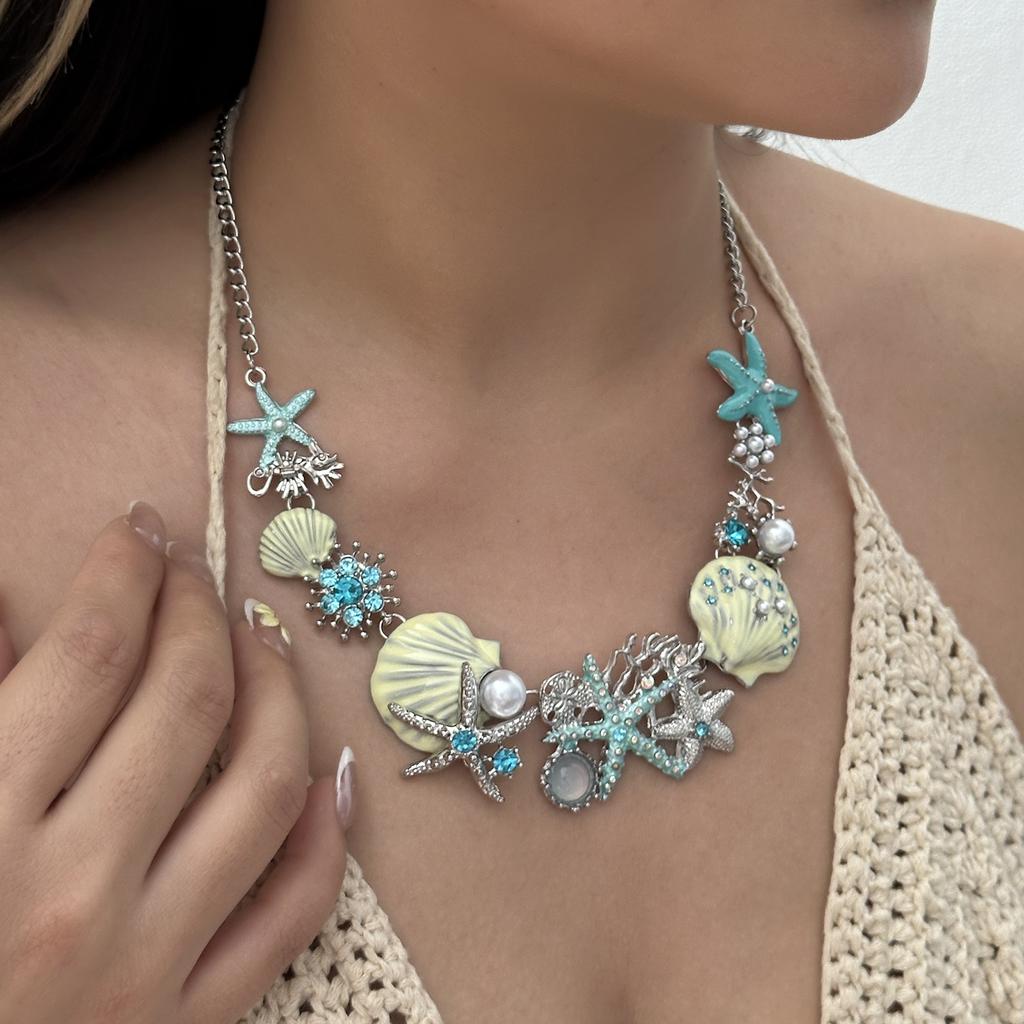 Boho Übertriebener Metall Seestern Muschel Perlen Halskette für Frauen Ozean Koralle Kammmuschel Anhänger Halskette Sommer Strand Schmuck Geschenk