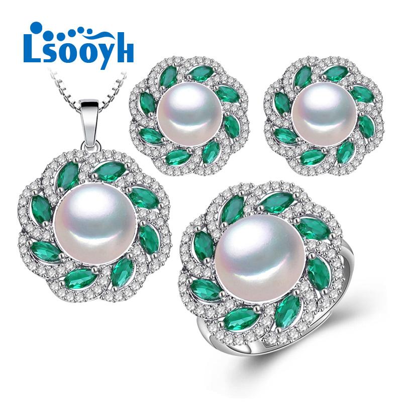 

LSOOYH ожерелье из натурального пресноводного жемчуга с кубическим цирконием, серьги с цветком, кольцо для женщин, наборы ювелирных украшений с жемчугом