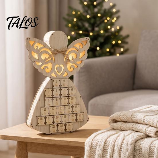 Christmas Light Up Decor Wooden Angel Advent Calendar with 24 Storage Drawers, Countdown for Home to Tabletop Decoration Winter Holiday Party Favors