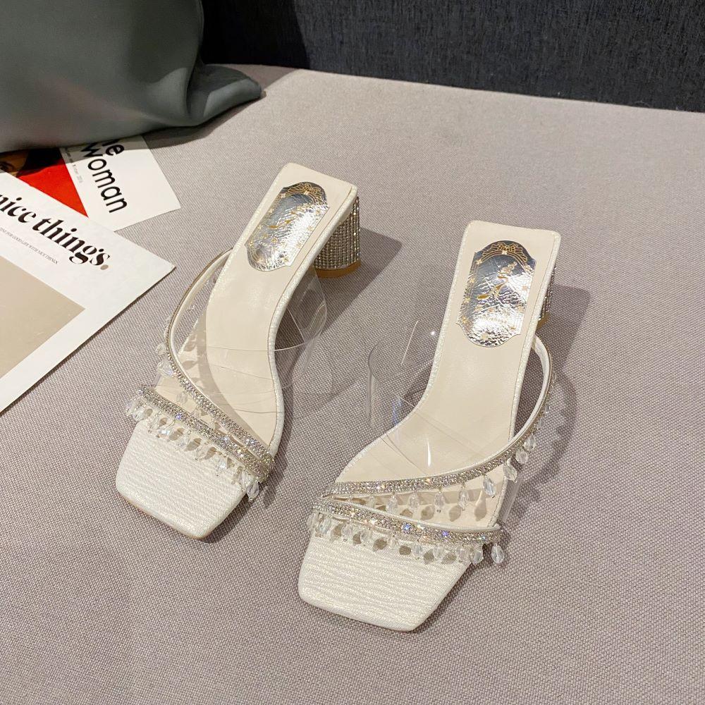 Xibeilove  Summer Women's Fashion Slippers Crystal Pendant Rhinestone PVC Middle Heel Slippers Wedding Bridal Party Shoes