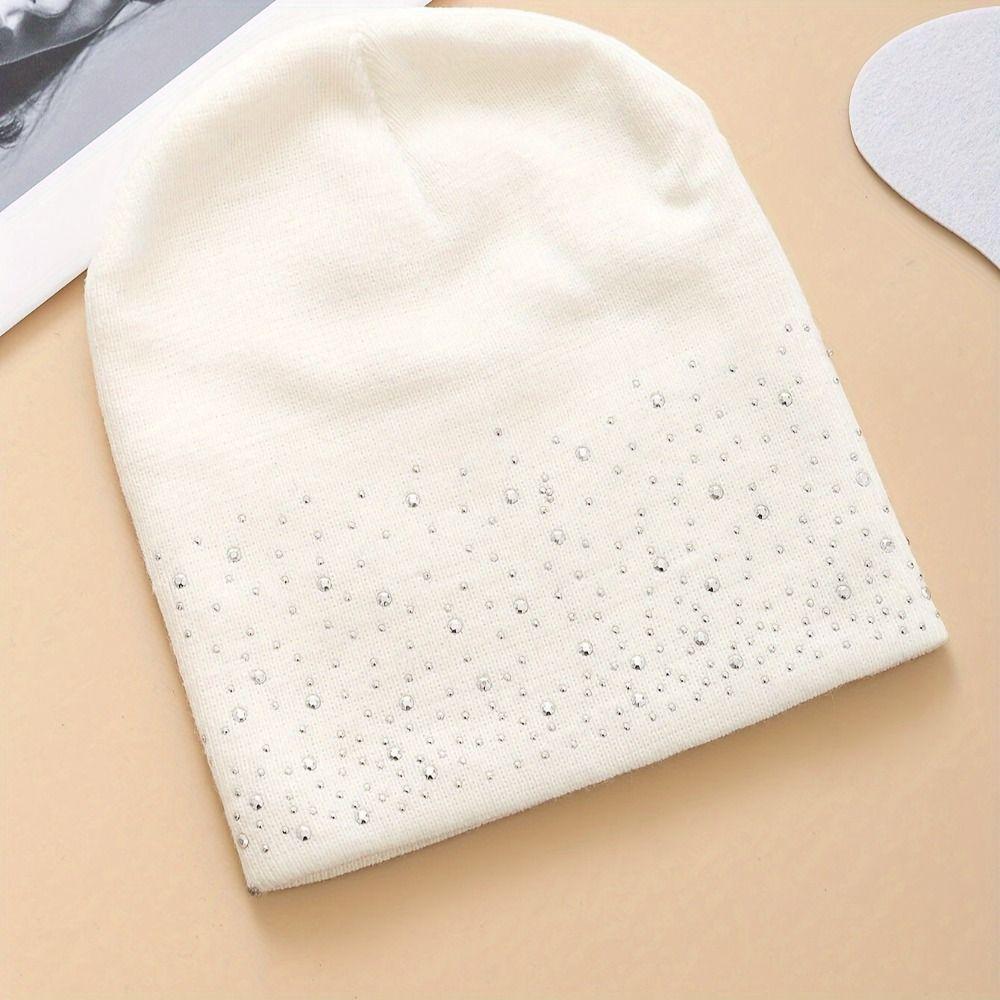 Shiny Rhinestone Decor Pullover Beanie Coldproof Winter Fall Hat Knitted Hat Daily Winter Wear