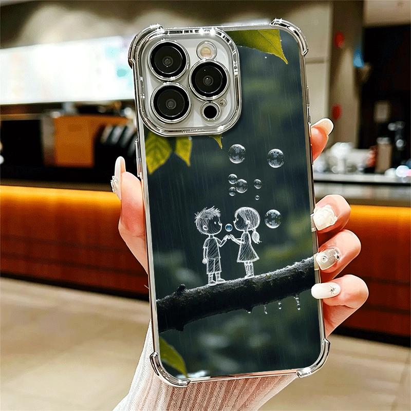 

Nature Cute Child Painting Style Soft Phone Case For iPhone 15 16 17 Air 14 Pro Max 16E Plus 13 12 Mini Plating Anti-Fall Fundas iPhone 17 Pro Max