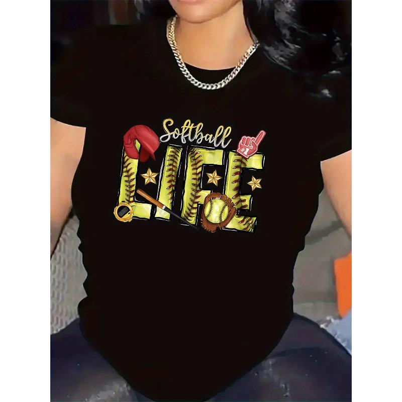 

Women s Softball Life Graphic T-Shirt Black White Casual Sport Short Sleeve Top 4XL чорний