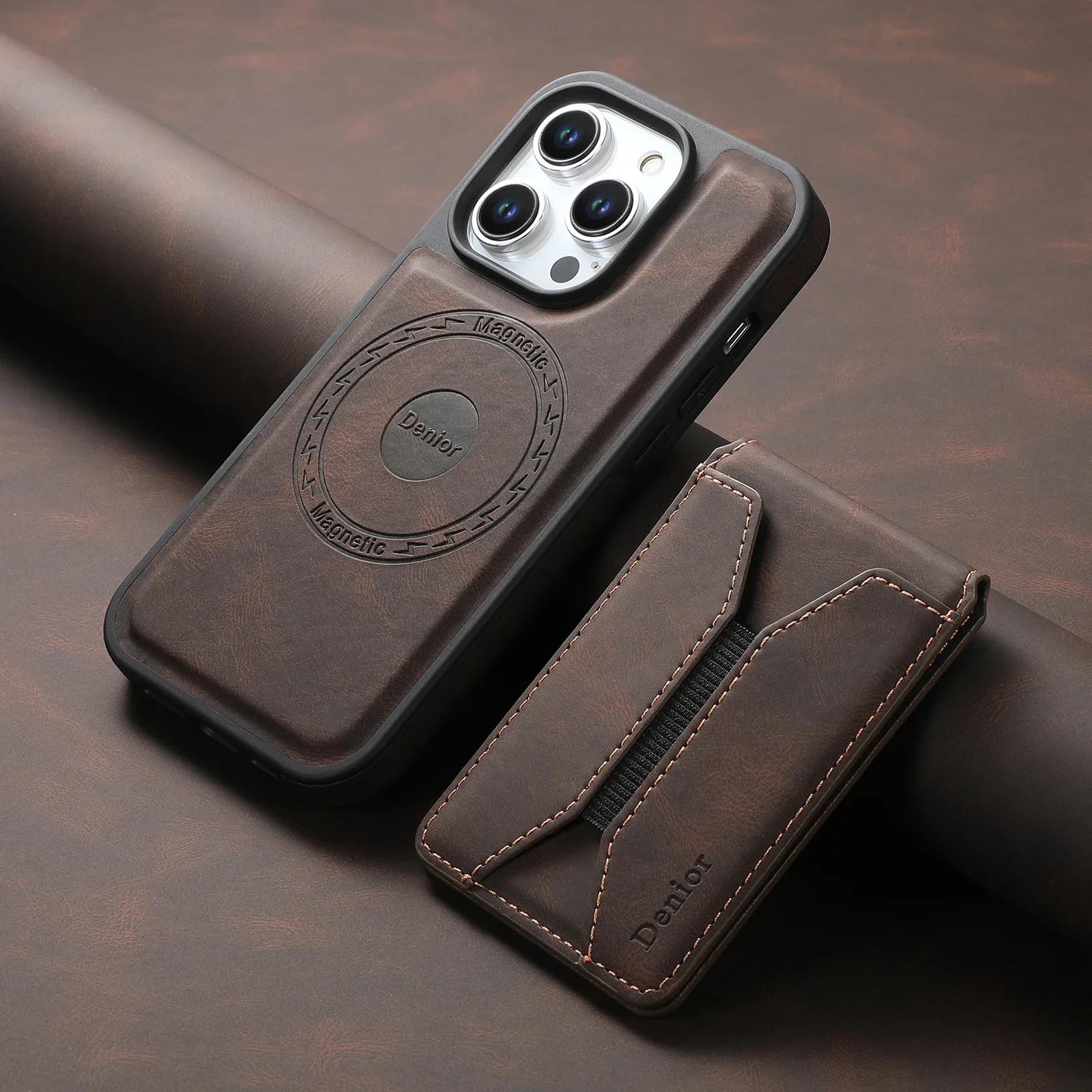 

Detachable Card Wallet Magnetic Leather Case for iPhone 15 Pro Max 16 Plus 15 14 Pro 13 12 Bracket Stand Skin Feeling Back Cover For iPhone15 темно-коричневого