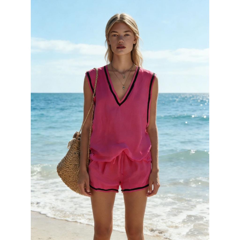 Women's Loose Fit Two-Piece Outfit Set Sleeveless V Neck Tank Top High Waist Shorts