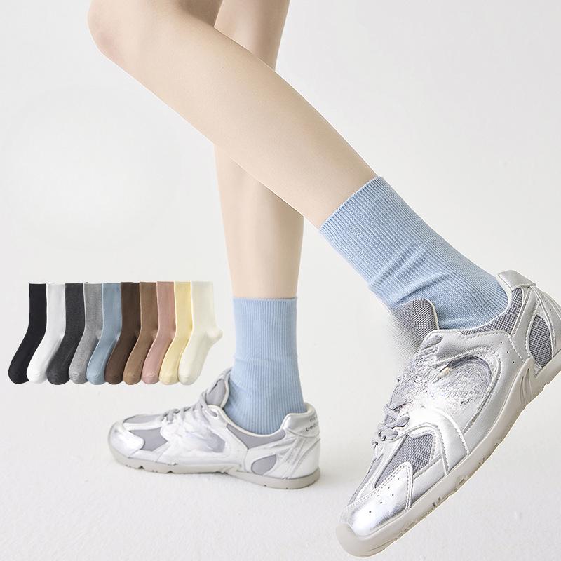 Female Autumn Pure Color Assorted Preppy Cotton Sweat Absorbing Breathable Tube Pile Socks