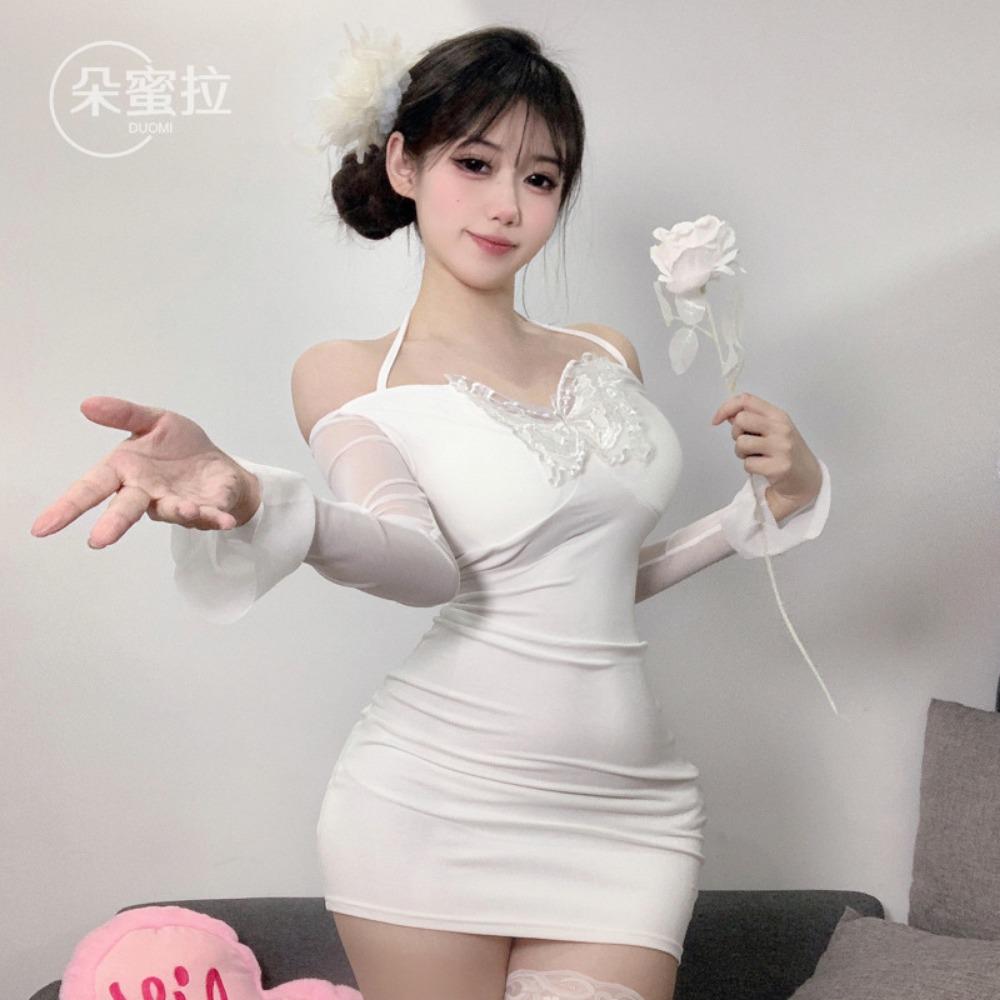 Domila Sexy Spice Girls Pure Sex Underwear Three-dimensional Butterfly One-word Neck Long Sleeve Short Skirt Slim F671