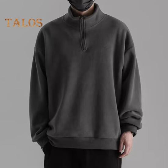 Men Fall Winter Sweatshirt Half Zipper Stand Collar Retro Solid Color Double-sided Velvet Loose Pullover Long Sleeve Top for School Dating And Travel