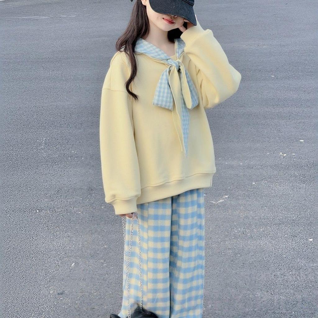 Autumn 2026 Girls' Hoodie & Plaid Pants Set - Cute & Fashionable Korean Style Two-Piece Outfit