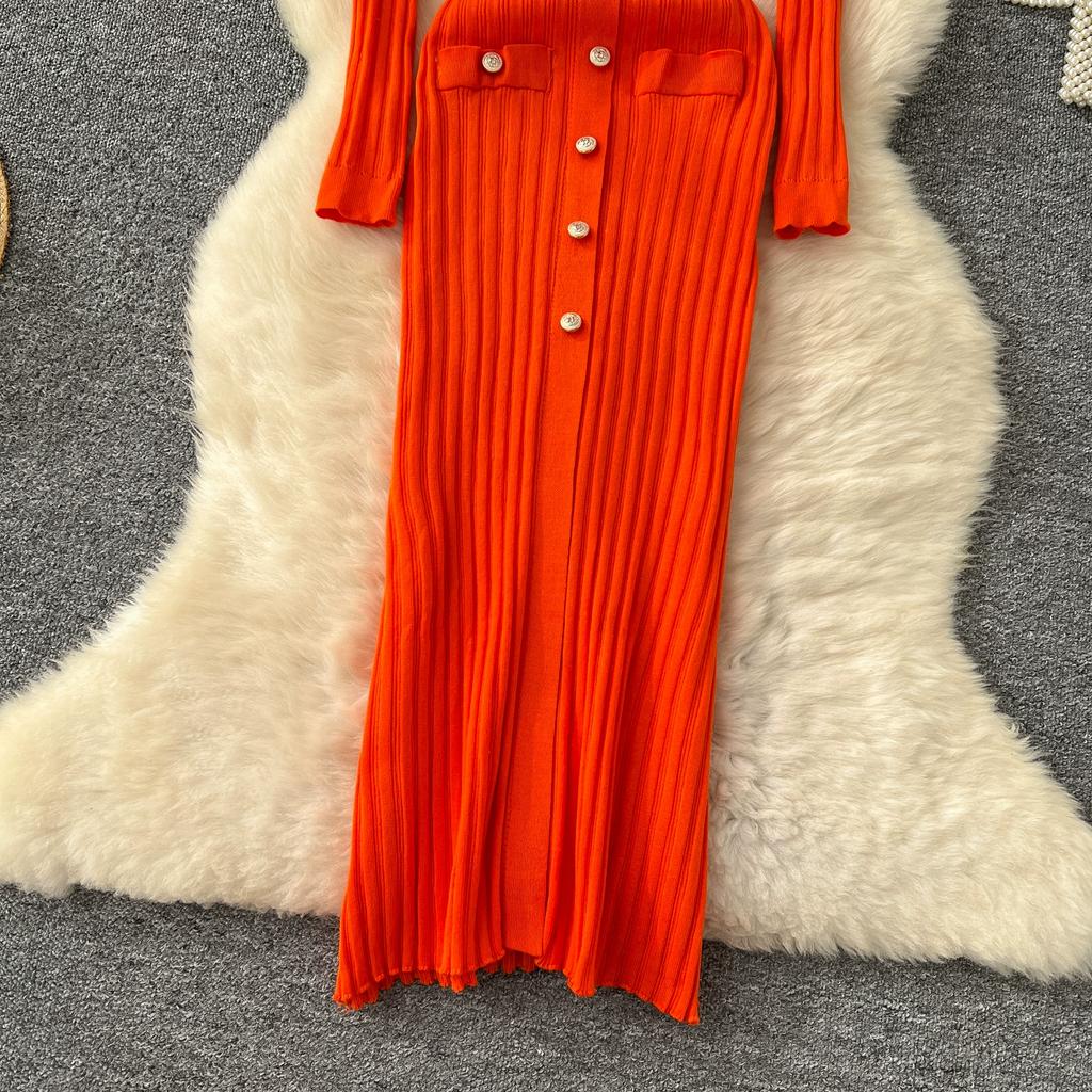 Autumn Winter Women Elegant Turn-down Collar Full Sleeve Knitted Sweater Long Maxi Sheath Dresses