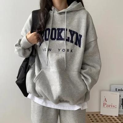 American Style Printed Letter Hooded Sweatshirt Women's Loose Fit Thickened Fleece Lined Cross-border Clothing