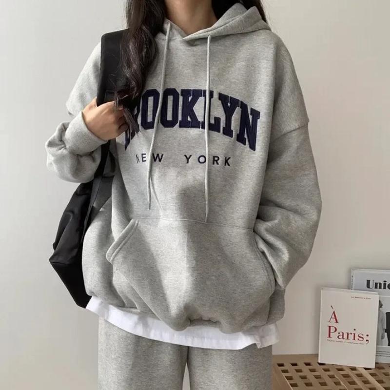 

American Style Printed Letter Hooded Sweatshirt Women s Loose Fit Thickened Fleece Lined Cross-border Clothing XS серый