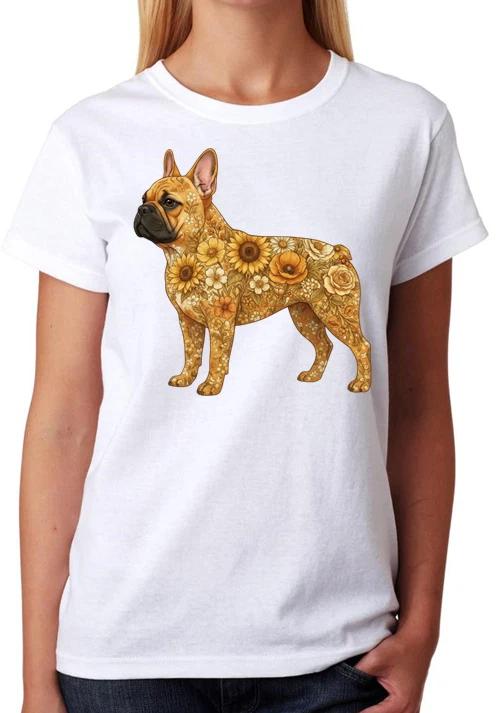 Floral French Bulldog Artwork Ladies T-Shirt Cute Dog Art Tee XXXL