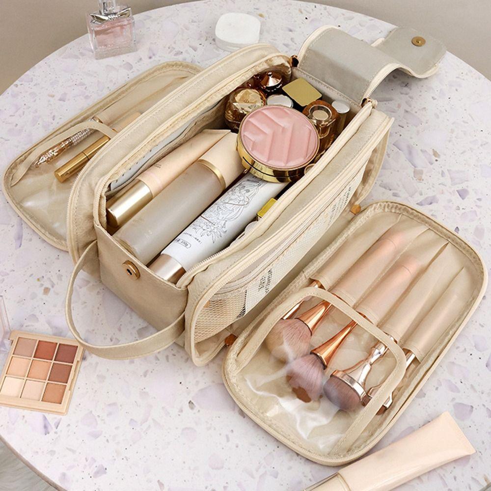 Double Zipper Makeup Bag Luxurious Travel Cosmetics Bag Portable Leather Wash Bag  Women