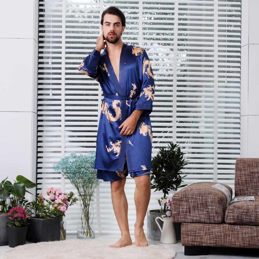 Unisex Imitation Silk Nightgown All  Thin Long Sleeve Cardigan