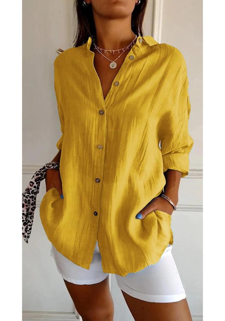 2024 Women's Solid Color Pleated Lapel Shirt - European & American Style, Single-Breasted Roll-Up Sleeve Top