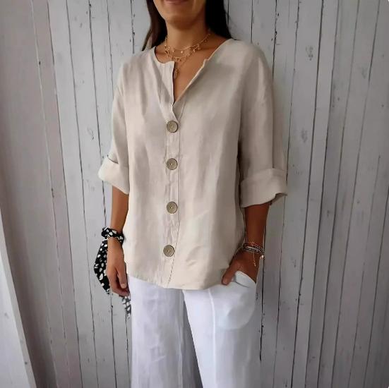 T-shirt Estiva da Donna 2025 Europea & Americana Scollo a V Larga Bottoni Cotone Lino