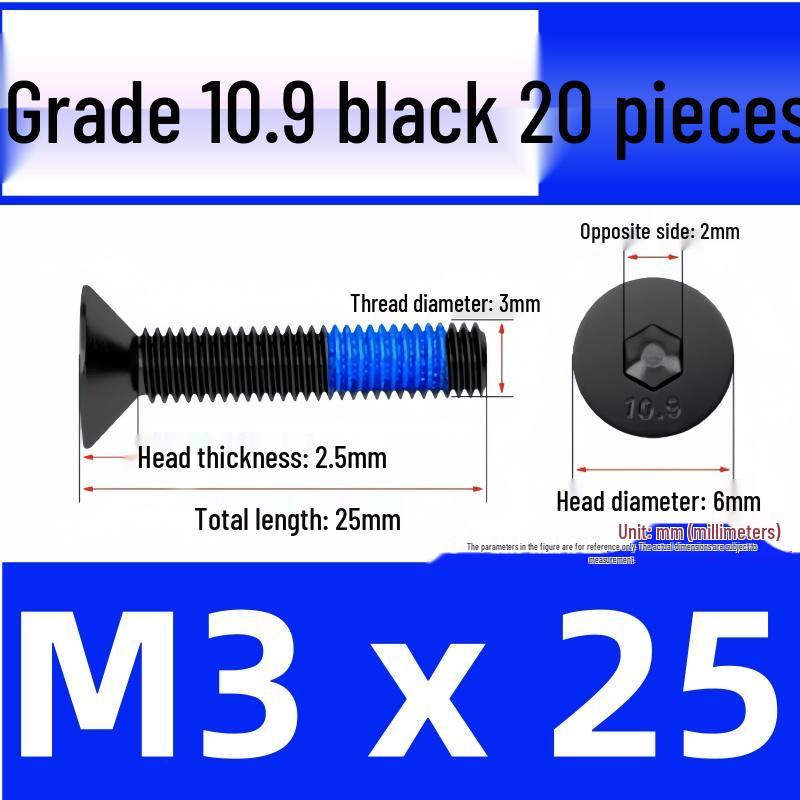 Black Anti-Slip Flat Cup Screw with Adhesive Blue Glue, Countersunk Hexagon Socket, Available in M2-M8 Sizes
