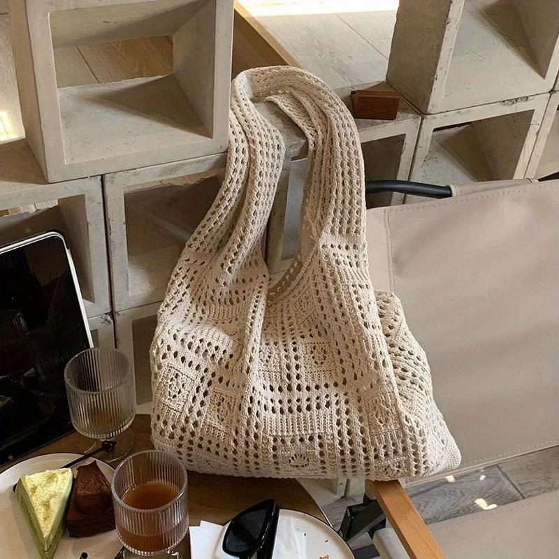 Premium Knitted shoulder bag for women's leisure commuting hollowed out large capacity woven handbag Strong Strong