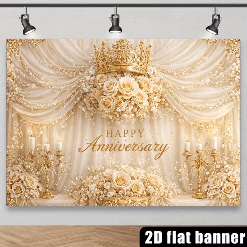 2D Anniversary Gold Crown and Rose Themed Backdrop Photo Background Banner