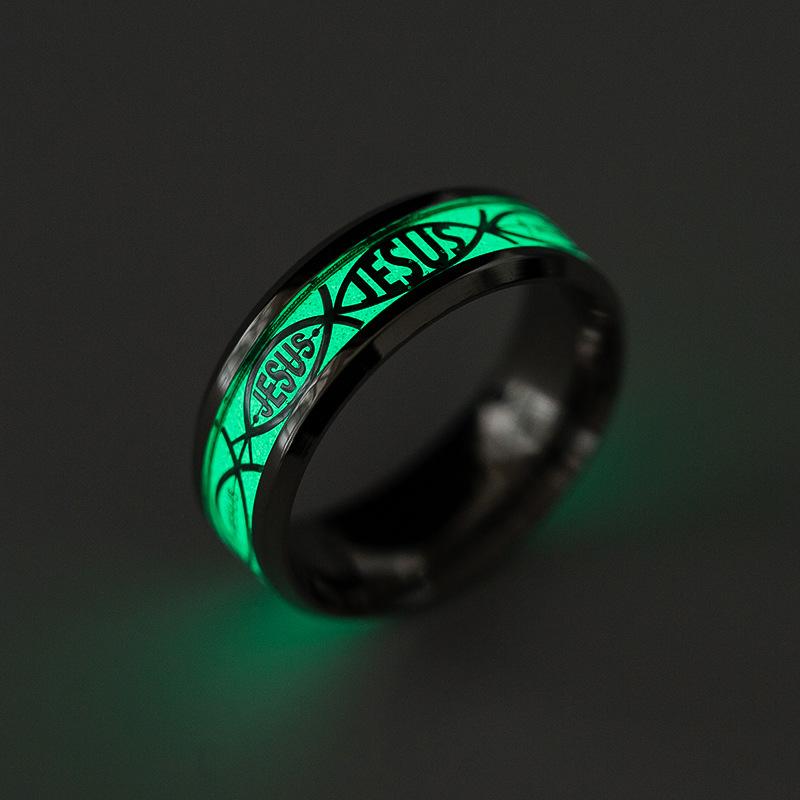 Golden Jesus Inlay Ring Luminous Glowing In the Dark with Green Background Fashion Accessory for Men And Women