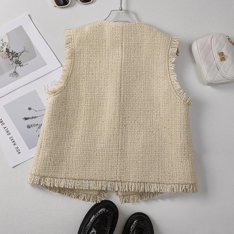 Vesta din tweed cu amestec de lână și ciucuri pentru femei