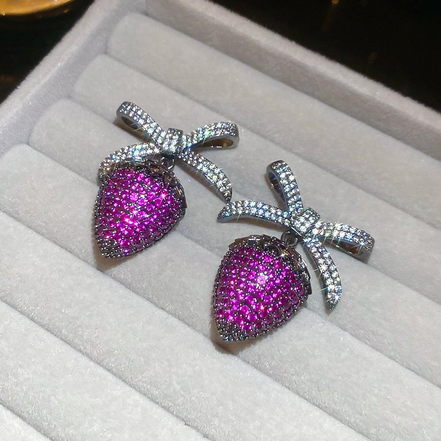 Silver needle zircon bow strawberry stud earrings medieval vintage design sense niche earrings heavy industry earrings
