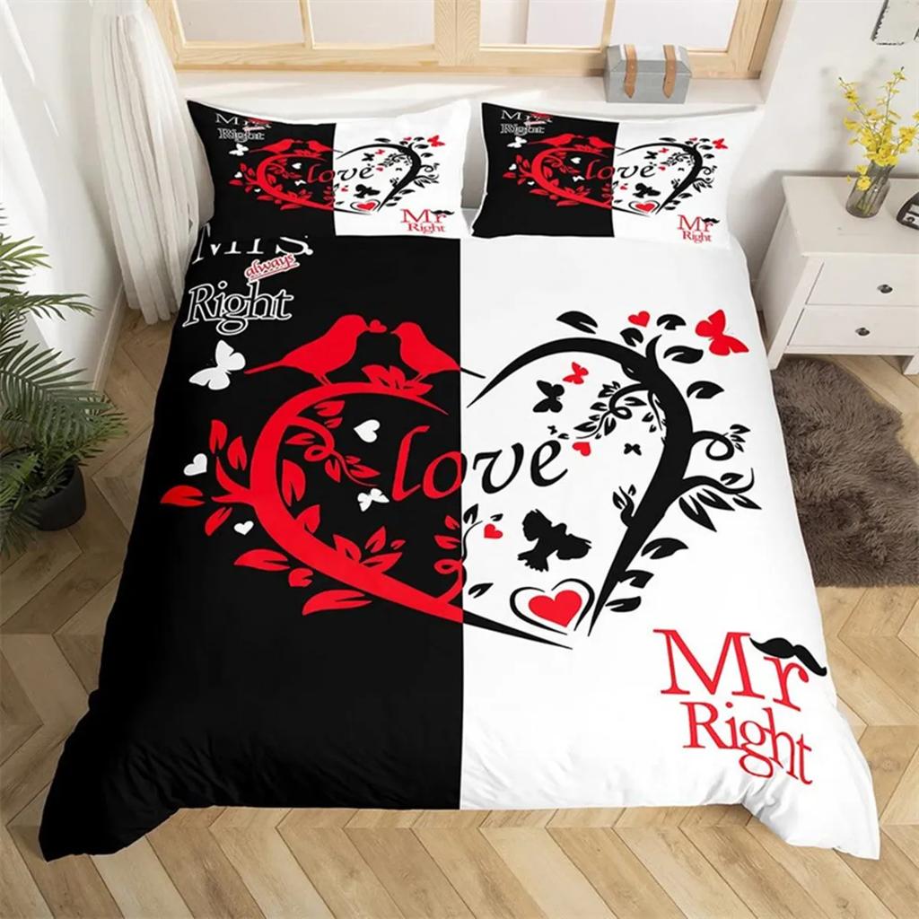 Couple Romantic Wedding Mr And Mrs Duvet Cover Microfiber Funny Quotes Love Heart Happiness Love Birds For Valentine'S Day Adult
