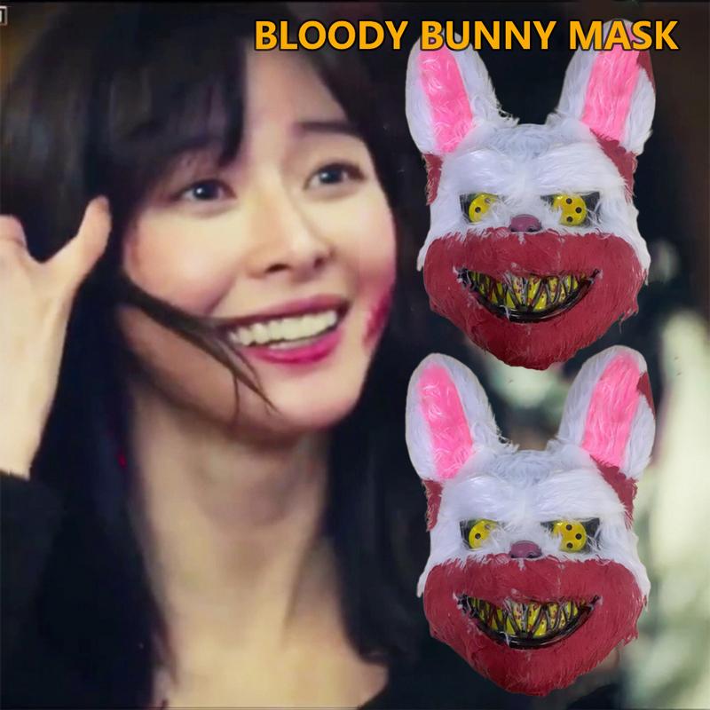 Plush Bunny Mask Scary Masks Durable Realistic Bloody Simulation Rabbit Headgear Performance Prop For Halloween Masquerades