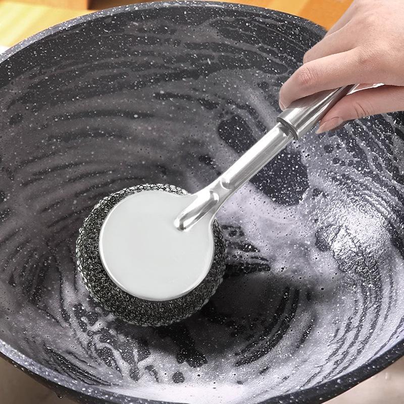 Extended Stainless Steel Pot Brush with Handle Household Long Handle Steel Wire Ball Brush, Kitchen Cleaning Brush Steel Wire  Brush