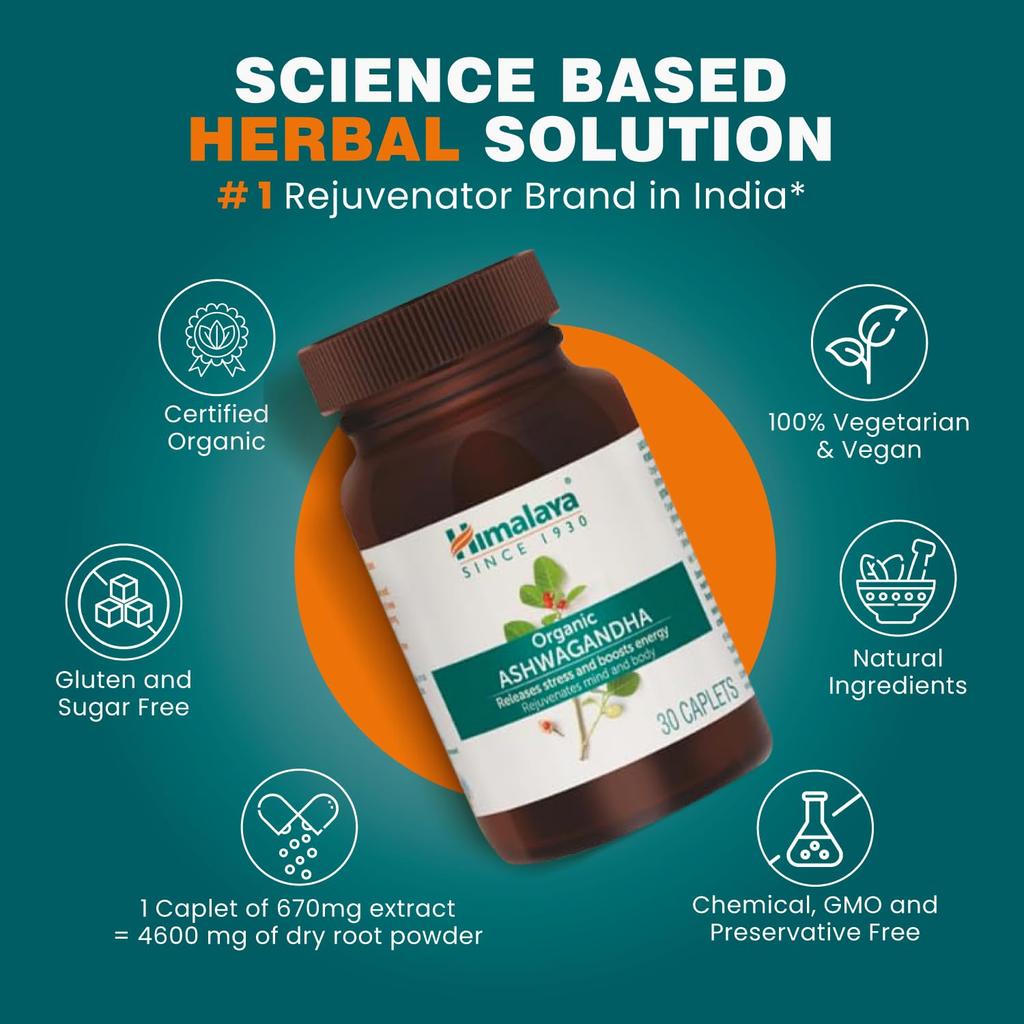 Himalaya Organic Ashwagandha 670Mg, 30 Tablets – Stress Relief, Mind Rejuvenation, Natural Energy Support, General Wellness, Vegan Friendly Supplement