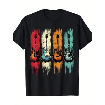 European Sizes Guitar Music Guitarist Bohemian Regular Fit Gifts for Family Men's T-Shirt Vintage Crew Neck Tops