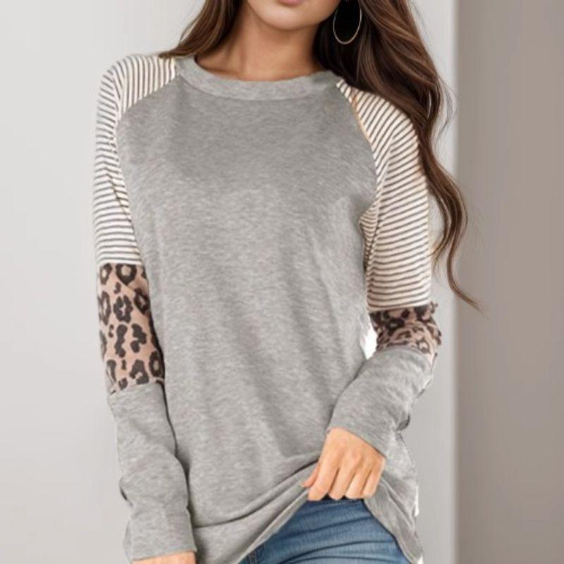 Cross-Border Fashion Autumn New round Neck Stripes Leopard Print Print Contrast Color Raglan Sleeve Long Sleeves T-shirt Women's Fashion All-Matching