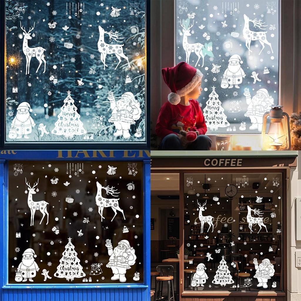 Weihnachtsfensteraufkleber mit Schneeflocken und Rentieren PVC-Aufkleberset für Feiertagsdekoration