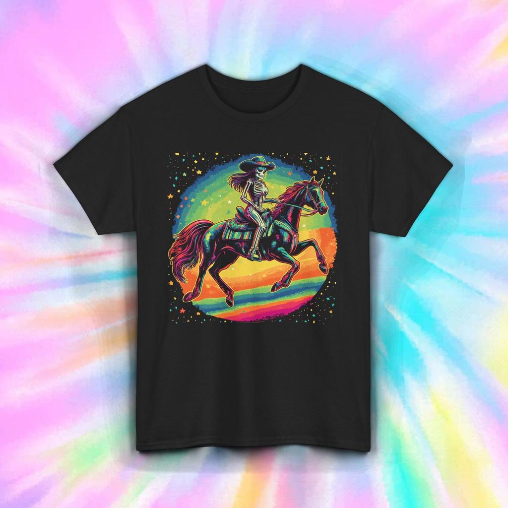 Skeleton Cowgirl Shirt Retro Rainbow Western Horse Rider Halloween Tee S-5XL