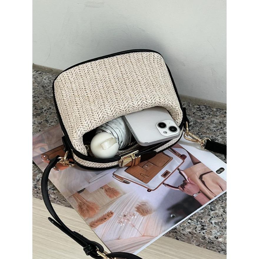 Versatile Straw Woven Crossbody Bags Casual Bucket Shoulder Bags Fashion Contrast Color Handbags Vacation Beach Bags for Women