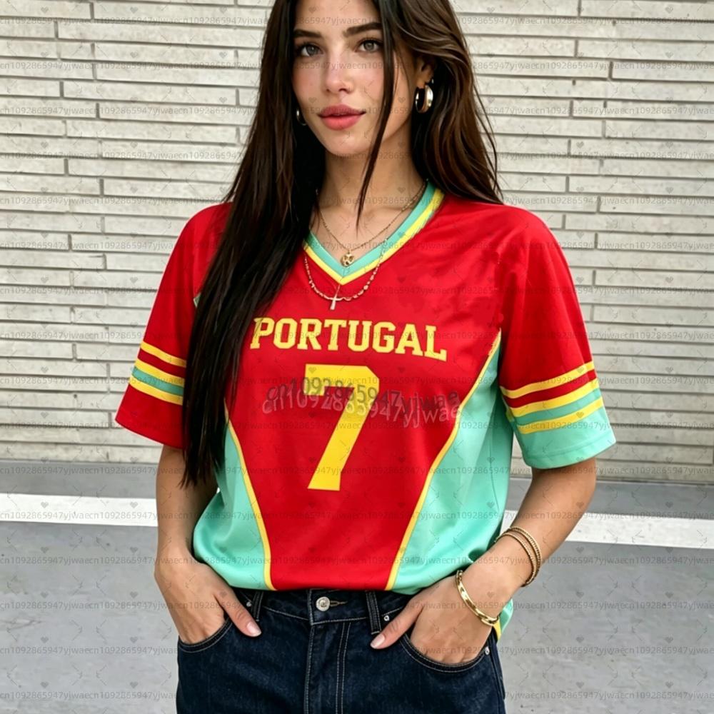 2026 Women Cheerleaders PORTUGAL NO.7 Y2k Tops men women Soccer O-Neck Short Sleeve Jersey T-Shirt Casual Tees Hip Hop T-Shirt