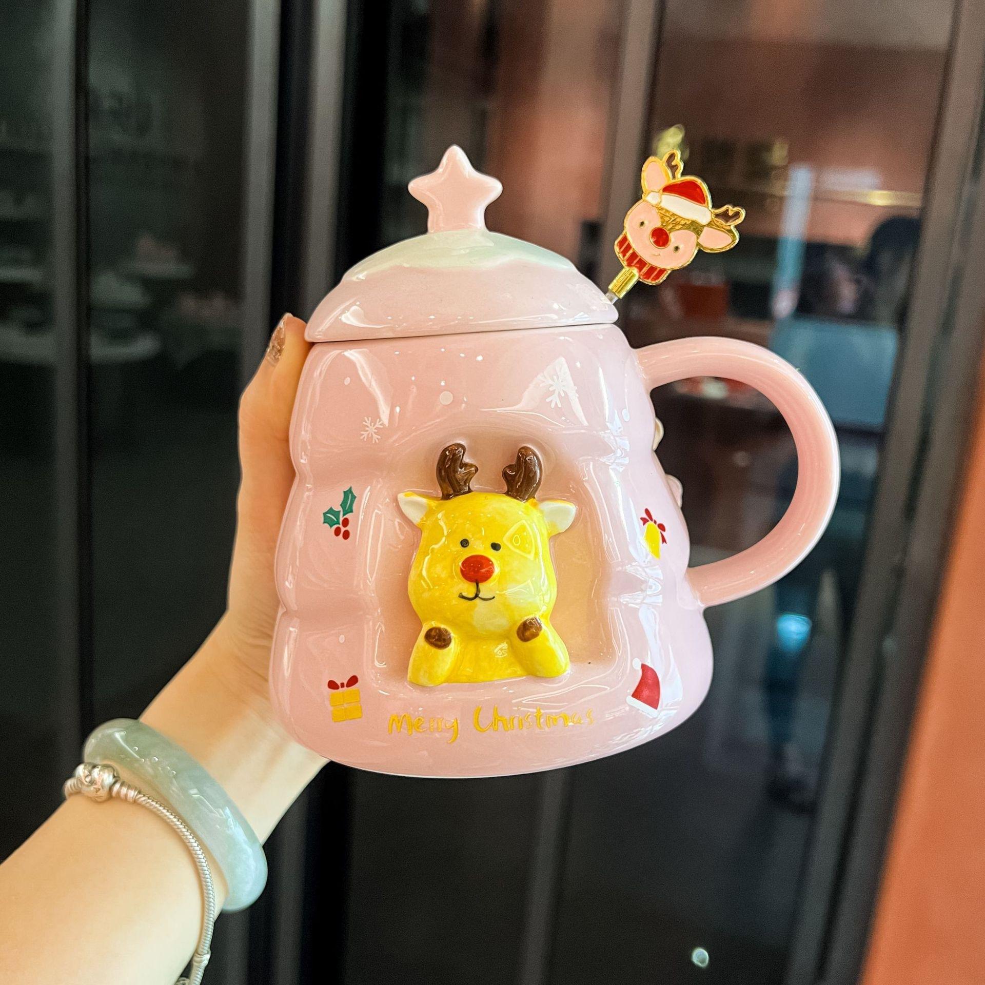 

Новая Рождественская кружка с крышкой и ложкой, милая керамическая чашка для воды для девочек, с высоким внешним видом, мультяшная офисная кружка 420ML