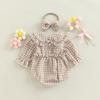 2Pcs Baby Girl Fall Outfit, Plaid Doll Collar Long Sleeve Ruffle Romper + Hairband Set for Infants, 0-18 Months