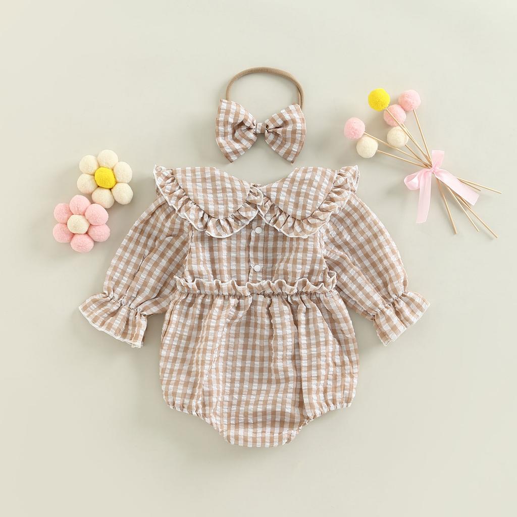 2Pcs Baby Girl Fall Outfit, Plaid Doll Collar Long Sleeve Ruffle Romper + Hairband Set for Infants, 0-18 Months