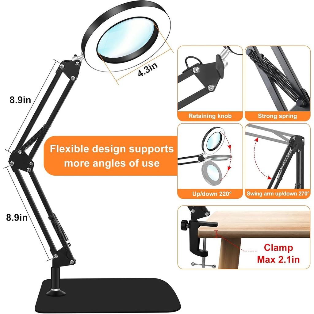 10X Magnifying Glass with Light and Stand, Dimmer Adjustable Swing Arm 2-in-1 Desk Lamp and Clamp, LED Lighted Desk Magnifier with Light for Craft