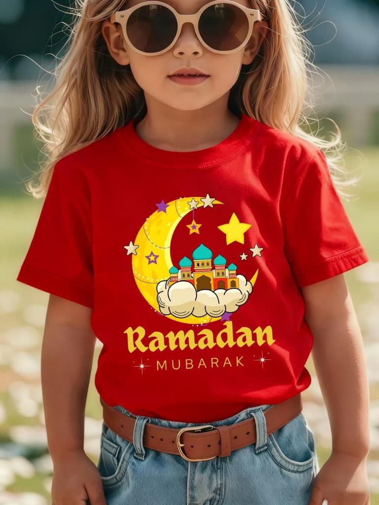 Moon Star Ramadan Print Girl Clothes Eid Mubarak Kid T-Shirt Islamic Muslim Outfit Short Sleeve Tops Holiday Children's Clothing