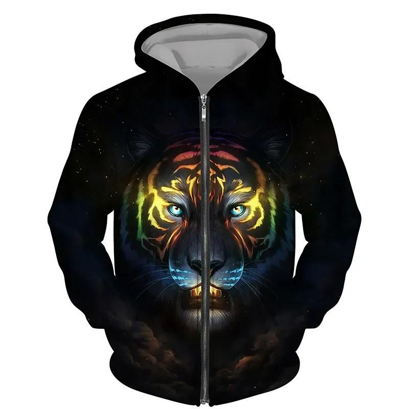 Tiger 3D Print Zip-Up Hoodie Youth Casual Loose Fit Winter Sweatshirt