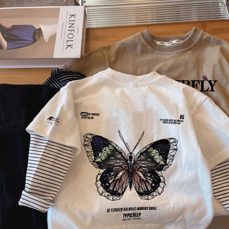 Boys Cotton Fake Two Piece Long Sleeve T Shirt Autumn Kids Cool Trendy Top 80