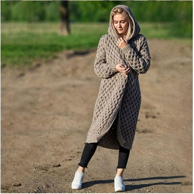

S-5XL Autumn Winter Women Sweater Casual Long Cardigan Coat Khaki 3XL