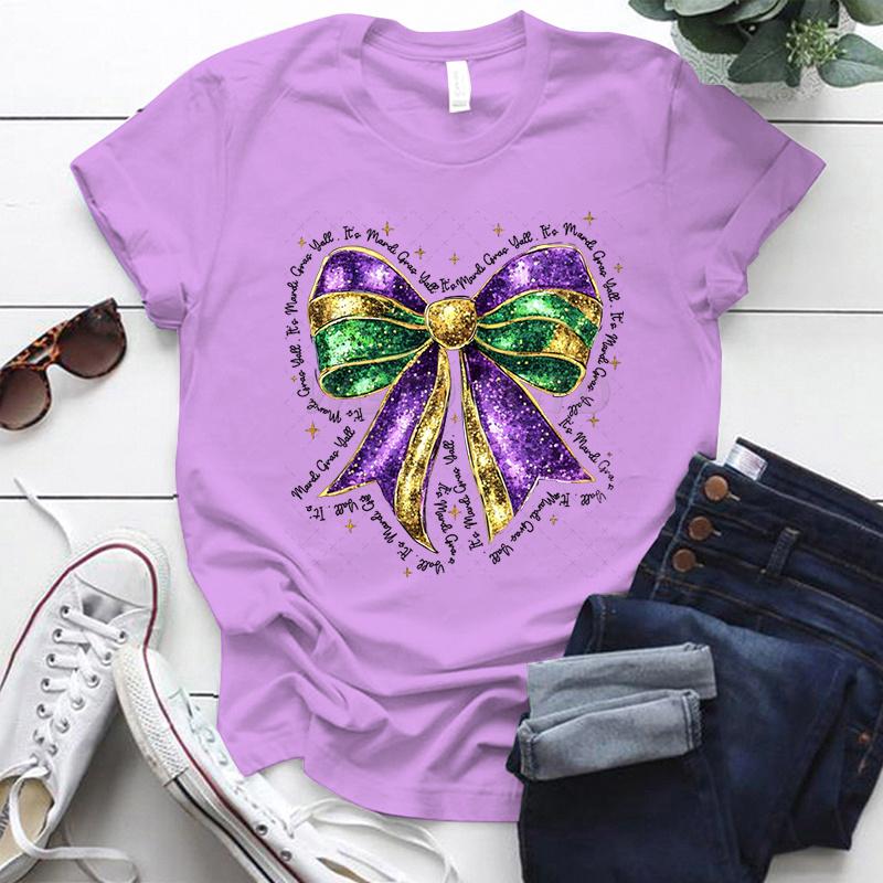 Coquette Bow Mardi Gras Shirt for Women Carnival Glitter Bow Graphic Tee Fat Tuesday Shirt Mardi Gras Party Crew Neck Clothing
