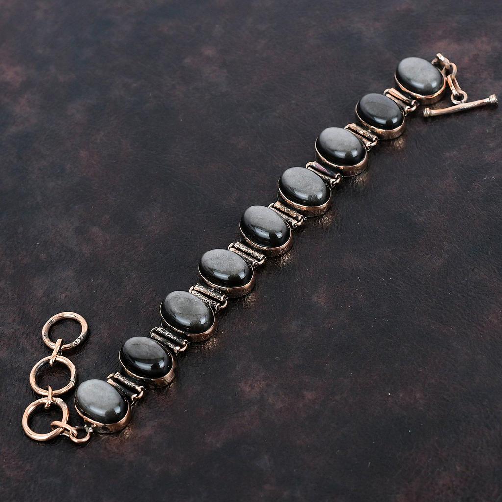 Silver Sheen Obsidian Bracelet Copper Gemstone Bracelet Adjustable Chain Bracelet Silver Sheen Obsidian Handmade Jewelry Anniversary Gifts
