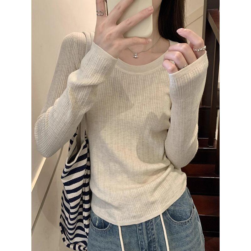 Kumikumi Simple Basic Style Solid Temperament Long Sleeve Knit Women Clothes Autumn Slimming Versatile Base Top