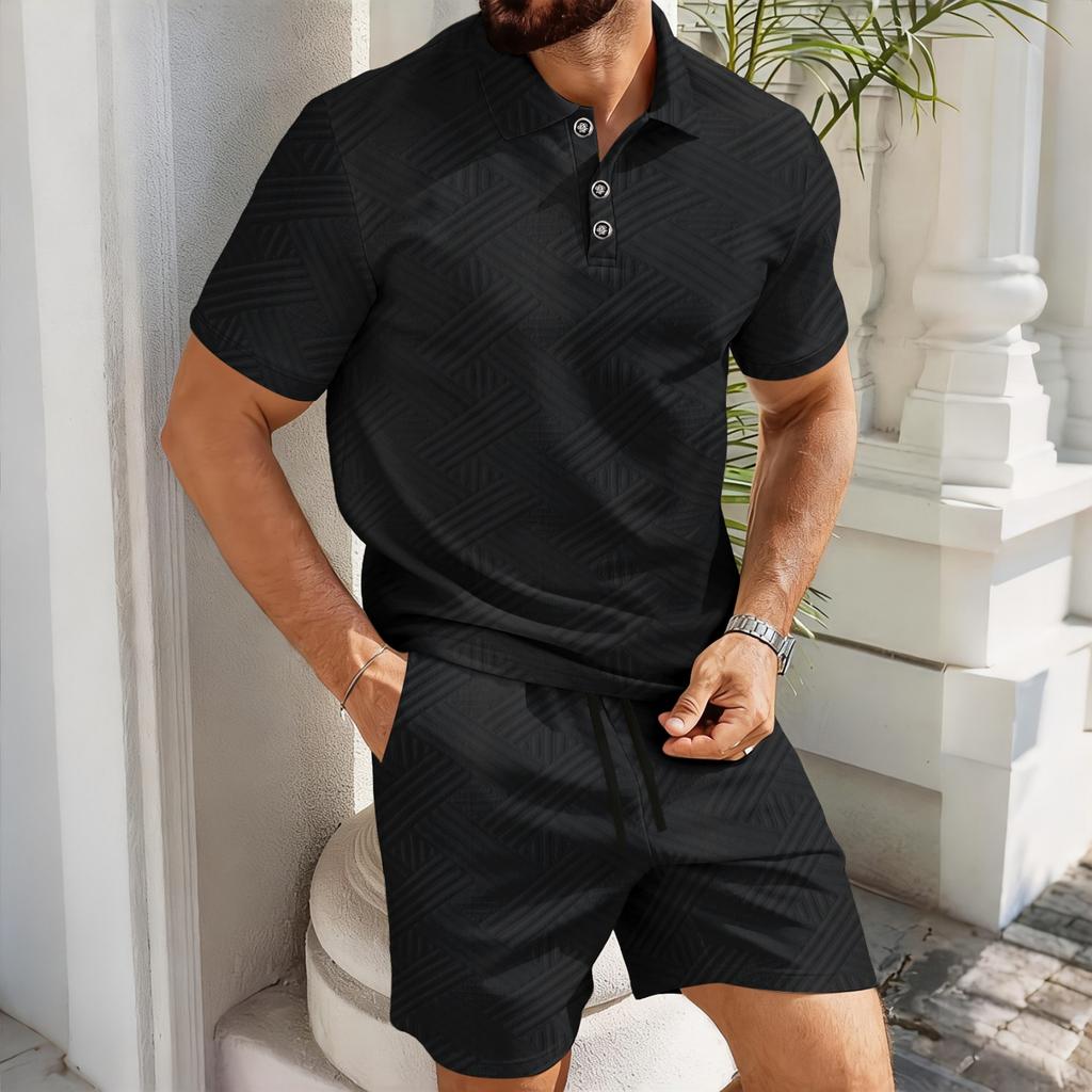 Men's Stylish Casual Collarless Short-sleeved Shirt - Men's Short-sleeved Top And Shorts Two-piece Set